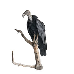 Imagine a front view shot of a lifelike vulture figurine perched on a skeletal branch, against a pure white background