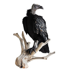 Imagine a front view shot of a lifelike vulture figurine perched on a skeletal branch, against a pure white background