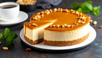 Delicious Caramel Peanut Cheesecake Slice on Plate.