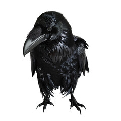 Fototapeta premium Imagine a front view shot of a lifelike raven figurine with glossy feathers and sharp beak, against a clean white background