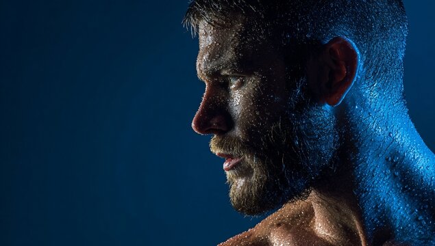 Muscular model sports young man on dark background. Fashion portrait of strong brutal guy