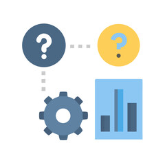 Obraz premium Data Analysis and Problem Solving Icon: Question, Gear, and Bar Chart Process