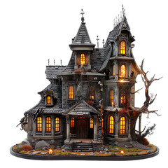 Picture a studio quality image featuring an intricately detailed haunted house miniature, complete with spooky windows and eerie lighting, against a pure white background
