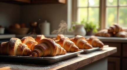 Warm golden croissants on baking sheets, freshly baked pastry delights, kitchen counter setting