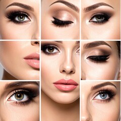 Fototapeta premium Stunning Makeup Collage Eyes Lips Beauty Cosmetics.