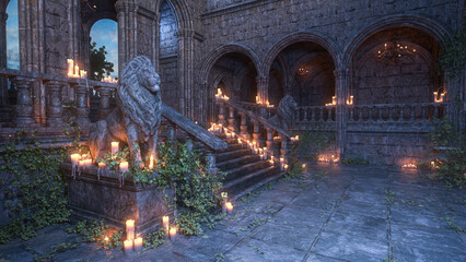 Old Gothic medieval castle courtyard with stone lion statues guarding a staircase, lit by candles. 3D rendering.. © IG Digital Arts