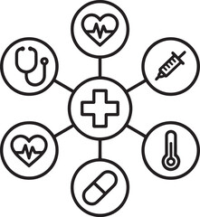 Minimal Healthcare Icon Set &ndash; Heartbeat, Syringe, Stethoscope, Cross, Pill & Thermometer &ndash; Medical Line Vector Concept