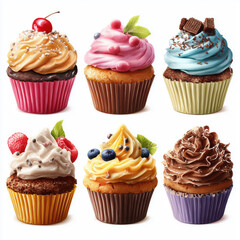 Delicious Cupcakes with Vibrant Toppings , PNG isolated cut out image
