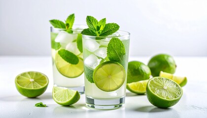 Refreshing Lime Mint Drink in Glasses with Ice Cubes.