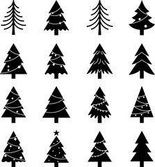 Obraz premium Modern Christmas Tree Silhouette Icon Set – Minimalist Black Holiday Trees Vector Collection