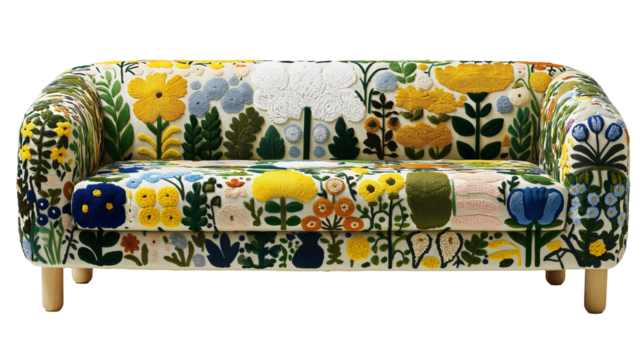 Modern cottage sofa with vibrant embroidered botanical floral pattern transparent background.