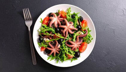 Delicious Baby Octopus Salad with Cherry Tomatoes and Olives.