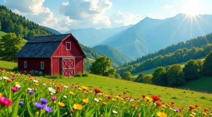 Serene Rural Landscape Featuring a Vibrant Red Barn Amidst a Blossoming Meadow and Majestic Mountain Range