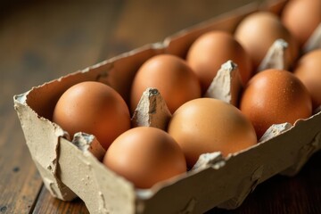 A close-up view of several brown eggs nestled securely within a cardboard container, ready for use in culinary creations.
