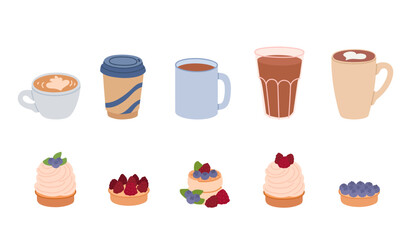 Set of sweets and coffee. Hot drinks in different mugs and berry desserts, tartlets. Hot beverages cappuccino, latte, cocoa. Flat vector illustration isolated on white background