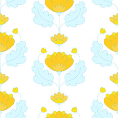 Seamless Folk Floral Pattern with Yellow Flowers and Blue Leaves