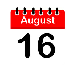 August 16 calendar icon flat design illustration. Calendar template, red and white, sticker, poster, banner, emoticon.