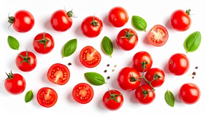 Vibrant Red Tomatoes and Fresh Basil Leaves Isolated on White Background.