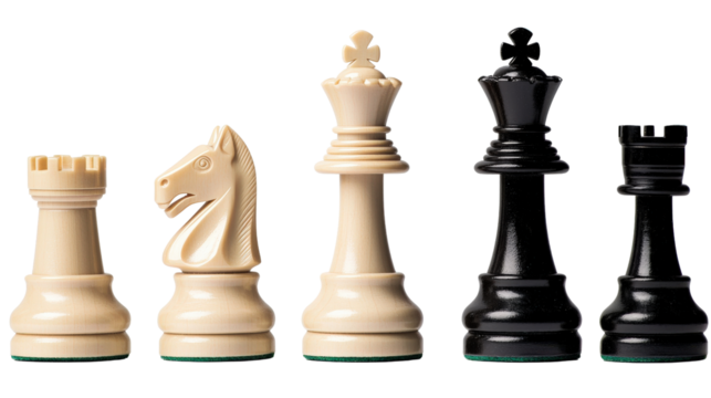 A classic chess set with all pieces lined up, background isolated on a Transparent background, PNG file.
