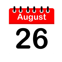 August 26 calendar icon flat design illustration. Calendar template, red and white, sticker, poster, banner, emoticon.