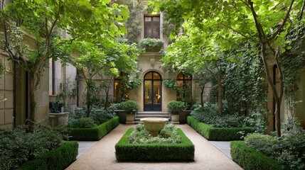 Fototapeta premium Courtyard garden with symmetrical hedges, gravel paths, and central stone fountain