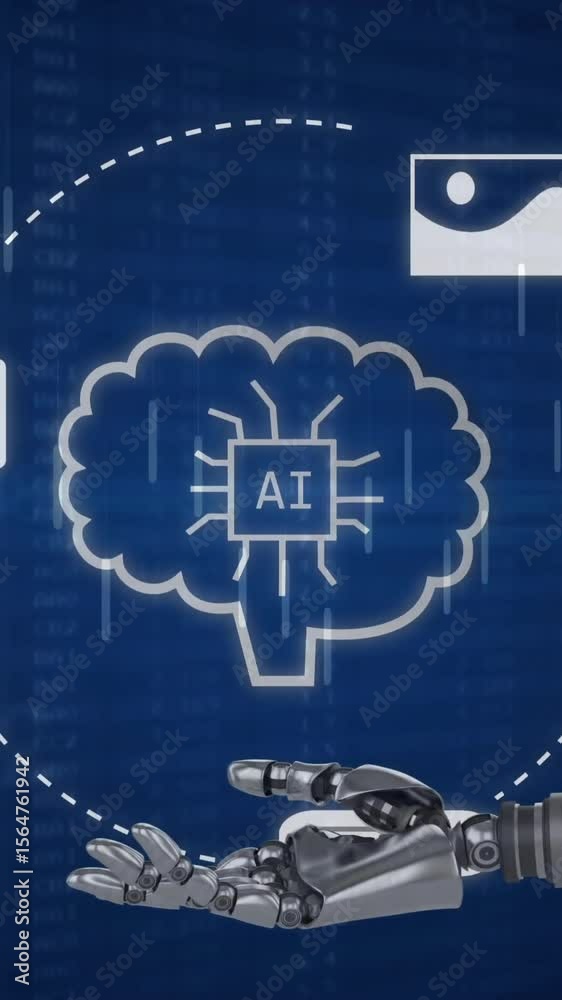 Poster Animation of data processing and ai icons over robotic arm
