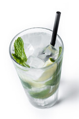 Classic Mojito Cocktail with Lime and Mint isolated on white background