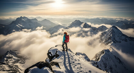 Adventure and Triumph: Solo Hiker on a Winter Mountain Ridge