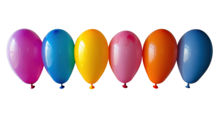 A collection of helium-filled party balloons in bright colors, background isolated on a Transparent background, PNG file.