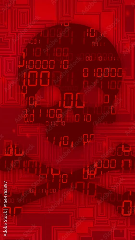 Poster skull and crossbones with binary code over red digital circuit background