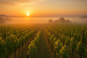 Golden sunrise illuminating lush vineyard rows in tuscany, italy