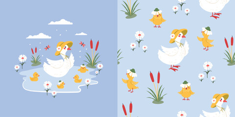 Children's background and seamless pattern with funny goslings and a mother goose in a hat. Vector design for fabric, wallpaper, wrapping paper, and more. © Alyona 