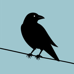 Black crow perched on a single wire against vector icon on pale sky background.