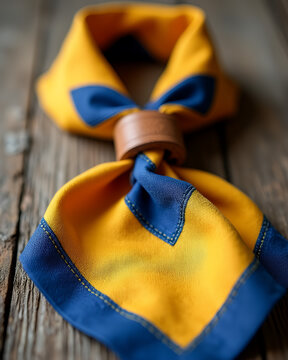 Close-Up of Yellow and Blue Scout Neckerchief with Brown Woggle on Wooden Surface