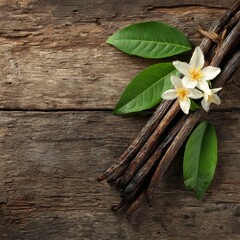 Fototapeta premium Vanilla bean with flowers, leaves, and wooden background. An overhead shot showcases the vanilla bean with flowers, leaves and wooden surface