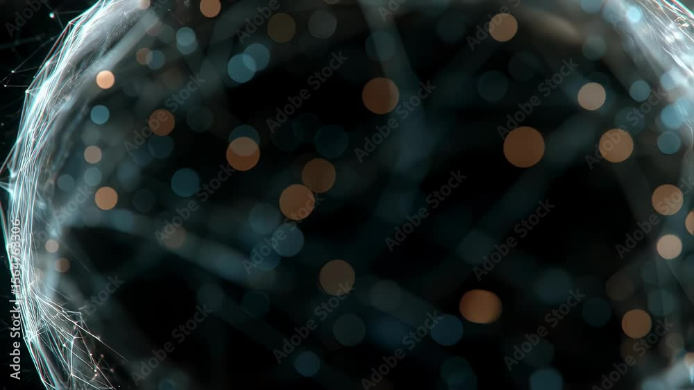 Poster An ethereal wireframe sphere materializes amidst a dark background intricately connected by a web of illuminated pathways. Clusters of nodes sparkle at various points while streaming