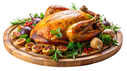 A roasted chicken on a plate on a white background