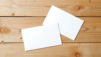 Two blank white paper cards placed over a textured light brown wooden surface with visible grain and knots
