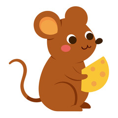 Adorable brown mouse enjoying a piece of cheese vector icon on white background.