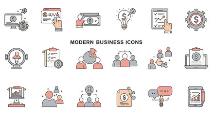 Clean and simple collection of business icons. Pastel-colored symbols for strategy, finance, growth, and communication. perfect for websites, apps, and presentations.