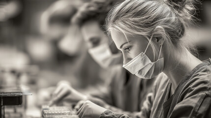 Woman wearing a face mask working in a laboratory setting.