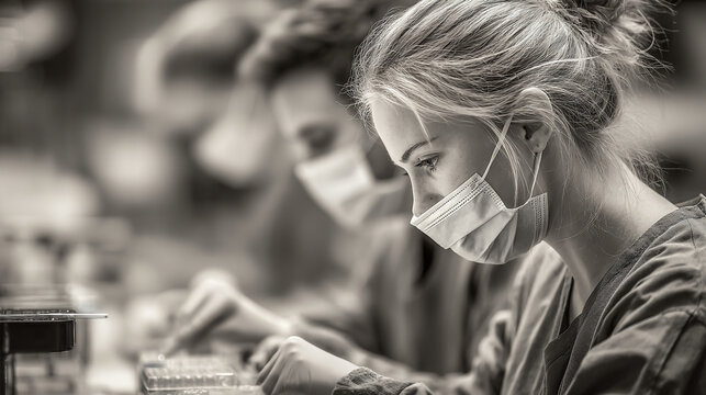 Woman wearing a face mask working in a laboratory setting.