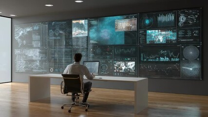 A futuristic workspace featuring a wall of digital screens showing realtime data analytics learning modules and tech news highlighting an individual immersed in selfdirected learning