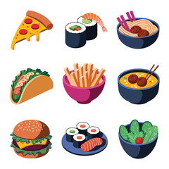 vector icons cooking food chef hat include a pizza slice, a sushi roll, spaghetti and meatballs, a curry bowl burger , fish 
