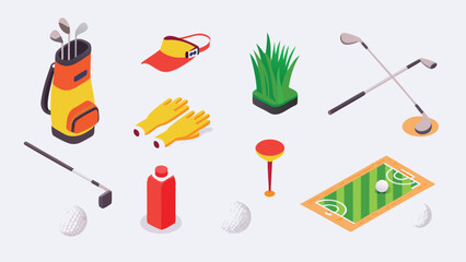 Isometric view of golf equipment including bag, clubs, balls, and putting green on a white background