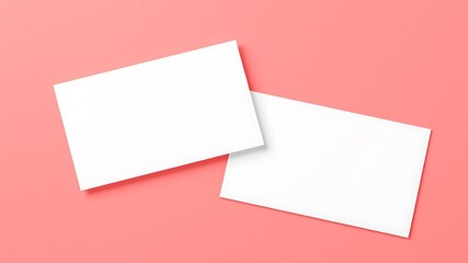 Two blank white rectangular cards are placed diagonally on a solid coral pink background creating a clean and modern design