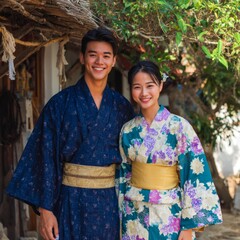 A happy couple poses together wearing traditional dress smiling at the camera. They appear in front of a traditional building with an old-fashioned style.