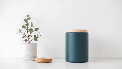 Minimalist interior scene featuring a speckled white planter with eucalyptus a wooden coaster and a dark teal cylindrical jar with a wood lid