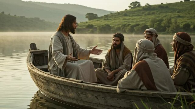 Jesus preaching to his disciples in a boat on a calm lake, religious biblical scene in historical setting.