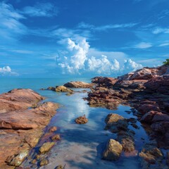 Fototapeta premium A scenic coastal view, featuring rocky terrain, clear waters, and a bright blue sky with clouds. The image evokes a sense of tranquility and the beauty of nature.